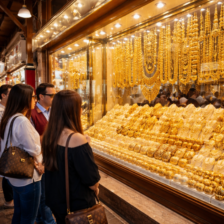 Tourists in Dubai looking at a shop in Dubai's Gold Market. Dubai Gold Market Sees Diaspora Selling as Geopolitical Tensions Raise Cash Demand - Digital Trade Outlook - AI Image
