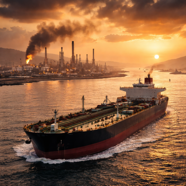 Global Energy Markets Rocked by Iran Conflict: Supply Disruptions Send Prices Soaring | AI Image | A cargo ship near a sea port under fire due to missile attact - AI Image - Digital Trade Outlook
