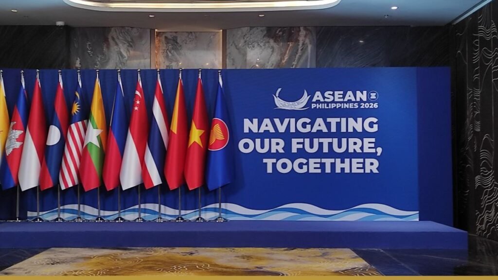 Flags of ASEAN member states in front of the ASEAN Philippines 2026 backdrop